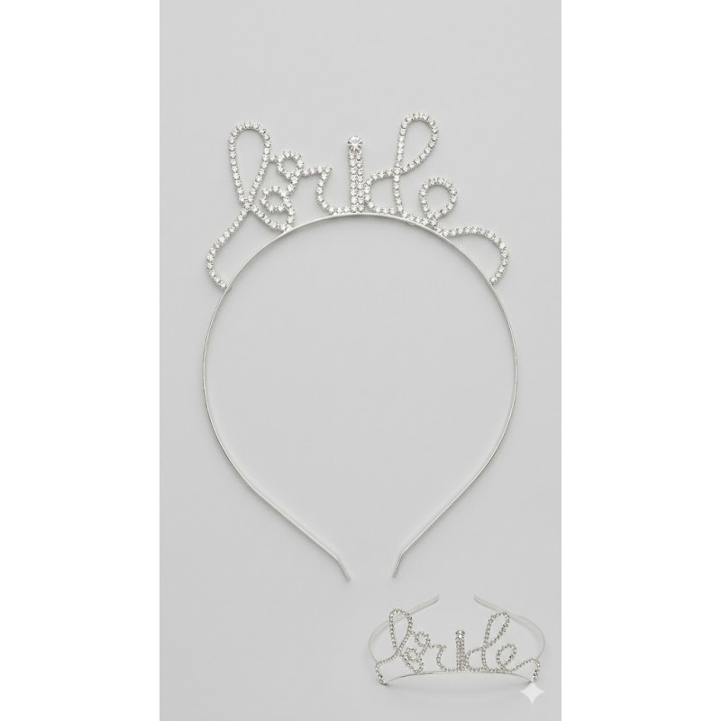 Gelin Bekarlığa Veda Partisi Tacı - Gümüş Renk Zirkon Taşlı "Bride" Yazılı Nedime Tacı