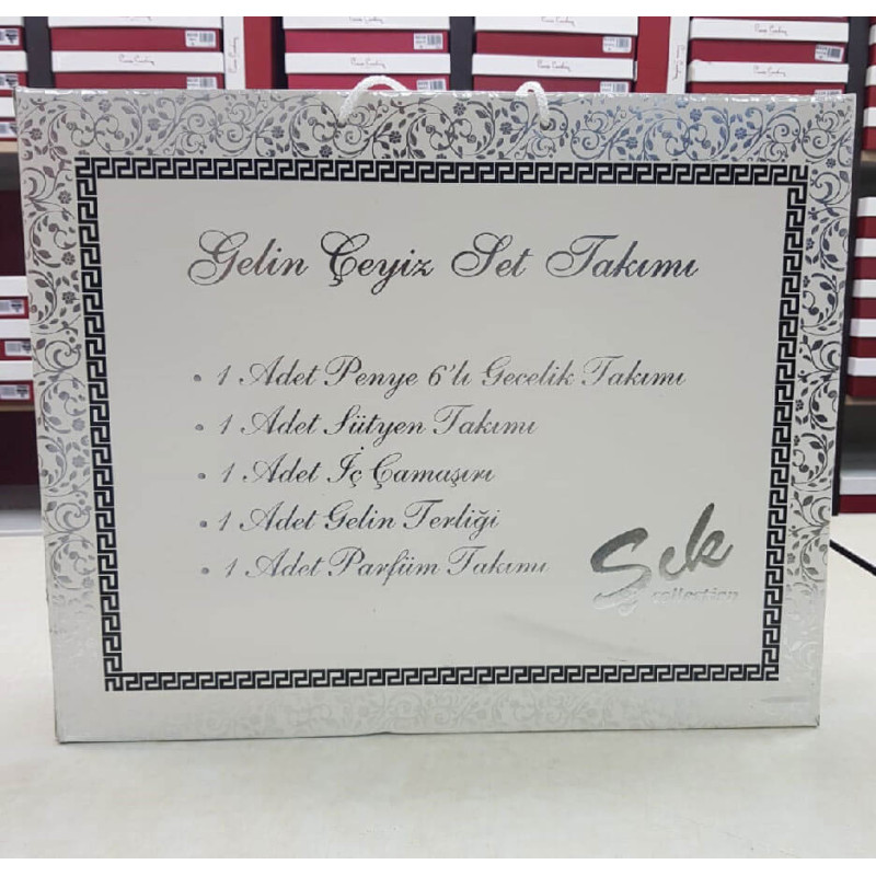 14 Parça Kutulu Şık Gecelik Çamaşır Terlik Parfüm Gelin Çeyiz Seti