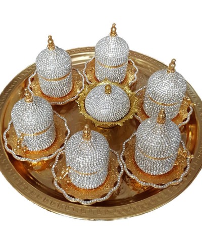 8'Li Gold Beyaz Kristal Taşlı Lokumluk Kahve Fincanı Set