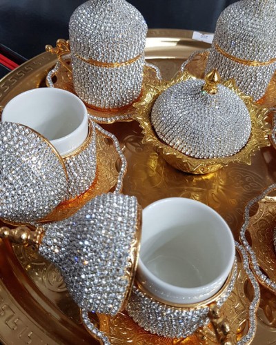 8'Li Gold Beyaz Kristal Taşlı Lokumluk Kahve Fincanı Set 8'Li Gold Beyaz Kristal Taşlı Lokumluk Kahve Fincanı Set