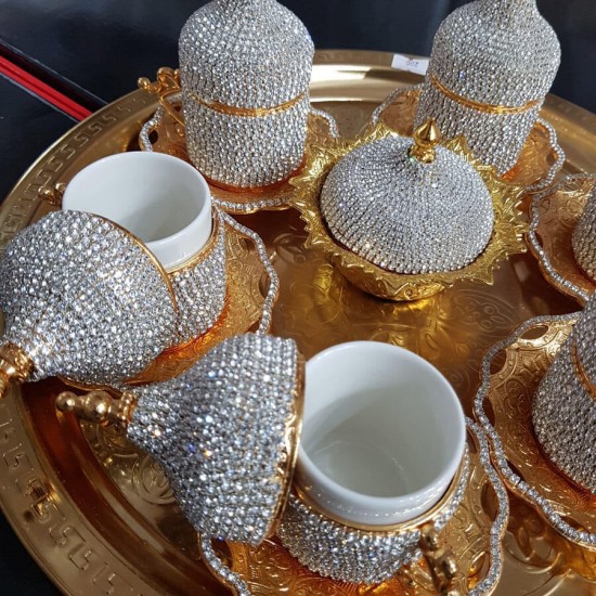 8Li Gold Beyaz Kristal Taşlı Lokumluk Kahve Fincanı Set