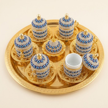 8'Li Gold Nazar Boncuklu Lokumluk Kahve Fincanı Set