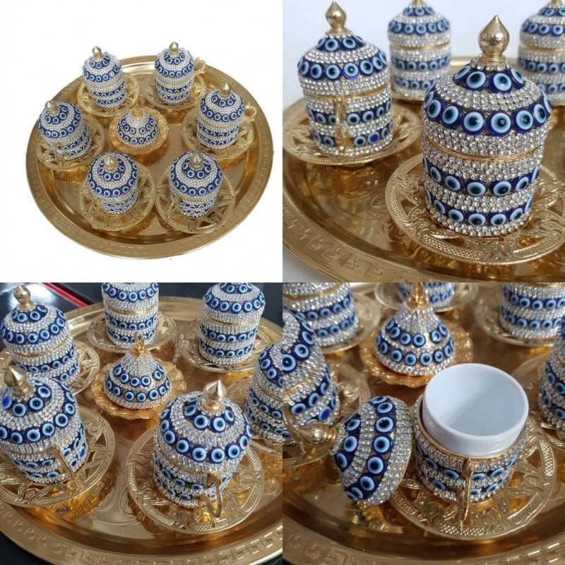 8'Li Gold Nazar Boncuklu Lokumluk Kahve Fincanı Set 8'Li Gold Nazar Boncuklu Lokumluk Kahve Fincanı Set