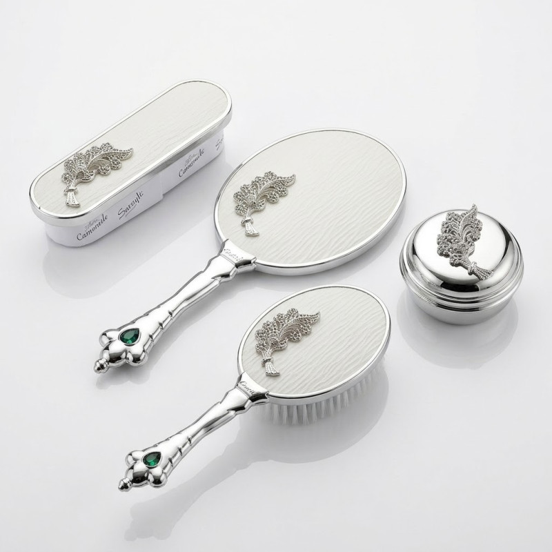 Silver Başak Figürlü Beyaz Ayna Fırça Tarak Seti 