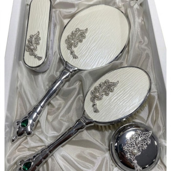 Silver Başak Figürlü Beyaz Ayna Fırça Tarak Seti 