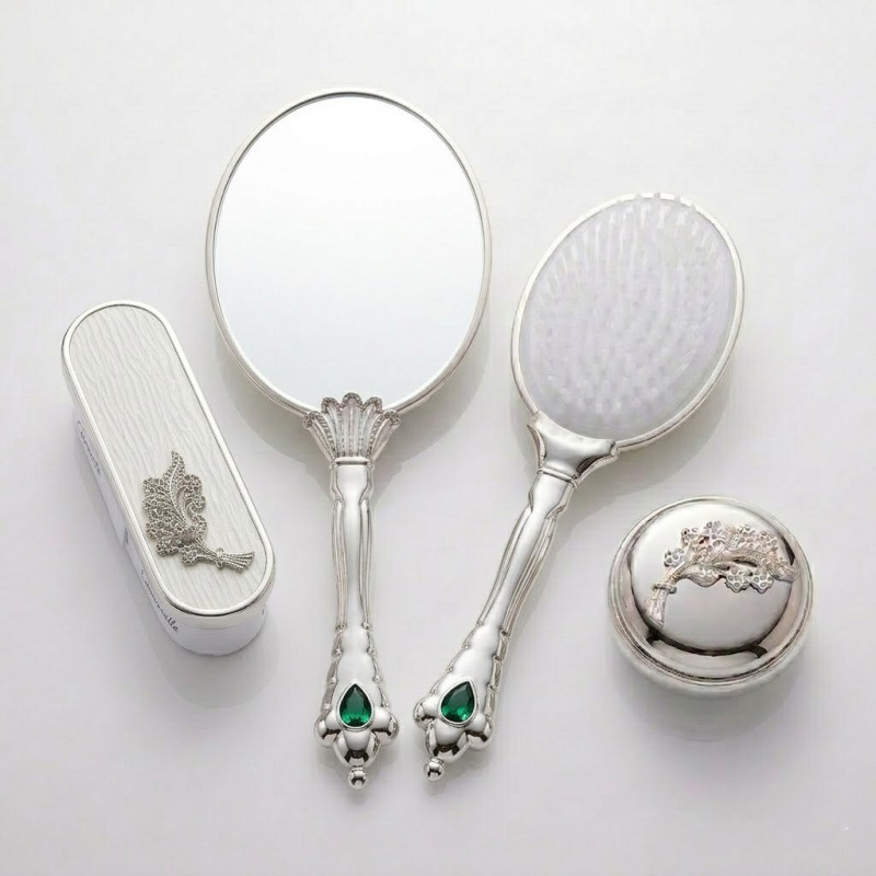 Silver Başak Figürlü Beyaz Ayna Fırça Tarak Seti 