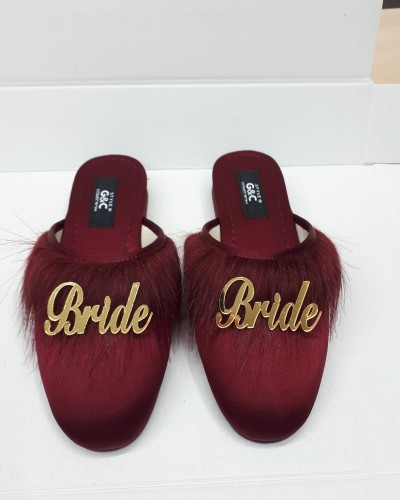 Bride Gelin Topuksuz Kaz Tüyü Terlik Bordo-Gold Yazılı