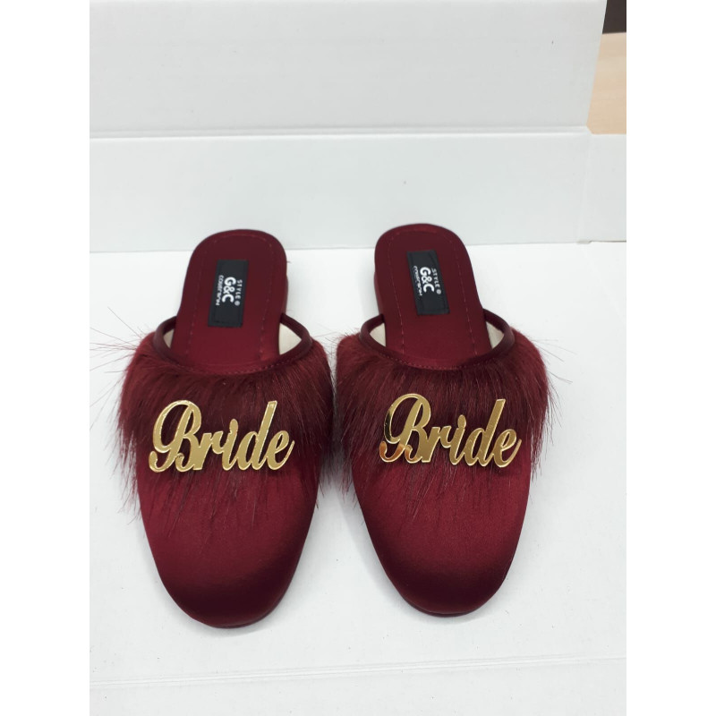 Bride Gelin Topuksuz Kaz Tüyü Terlik Bordo-Gold Yazılı