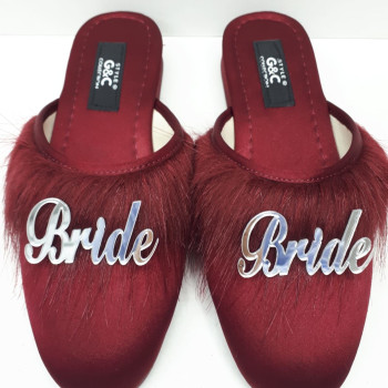Bride Gelin Topuksuz Kaz Tüyü Terlik Bordo-Gümüş Yazılı