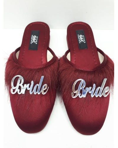 Bride Gelin Topuksuz Kaz Tüyü Terlik Bordo-Gümüş Yazılı Bride Gelin Topuksuz Kaz Tüyü Terlik Bordo-Gümüş Yazılı