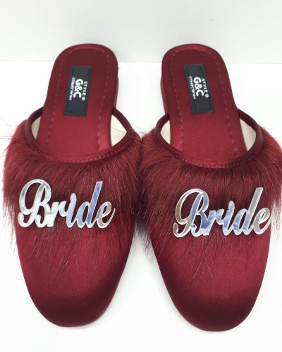 Bride Gelin Topuksuz Kaz Tüyü Terlik Bordo-Gümüş Yazılı