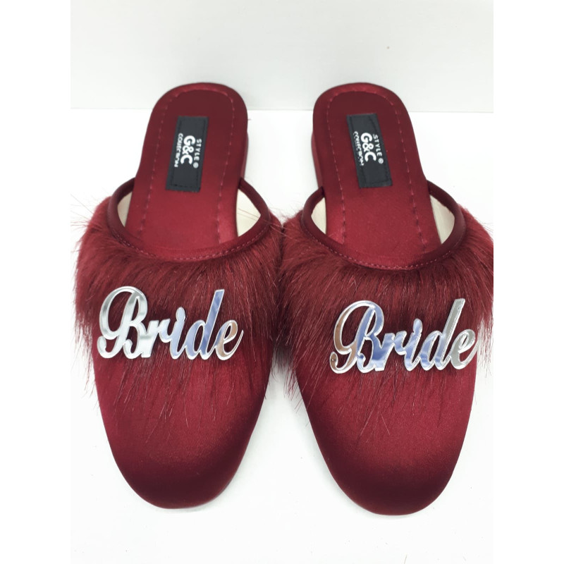 Bride Gelin Topuksuz Kaz Tüyü Terlik Bordo-Gümüş Yazılı