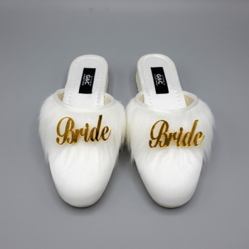 Bride Gelin Topuksuz Kaz Tüyü Terlik Ekru-Gold Yazılı
