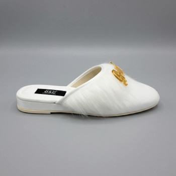 Bride Gelin Topuksuz Kaz Tüyü Terlik Ekru-Gold Yazılı