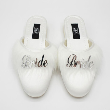 Bride Gelin Topuksuz Kaz Tüyü Terlik Ekru-Gümüş Yazılı