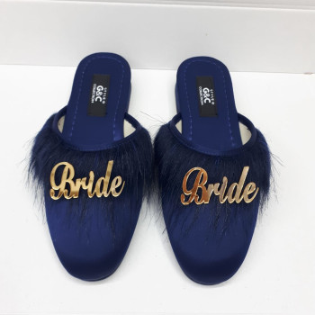 Bride Gelin Topuksuz Kaz Tüyü Terlik Lacivert Gold