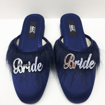 Bride Gelin Topuksuz Kaz Tüyü Terlik Lacivert-Gümüş