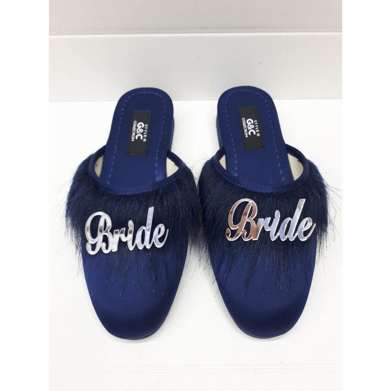 Bride Gelin Topuksuz Kaz Tüyü Terlik Lacivert-Gümüş