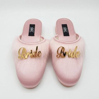 Bride Gelin Topuksuz Kaz Tüyü Terlik Pudra-Gold Yazılı