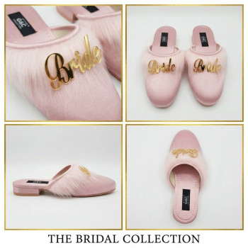 Bride Gelin Topuksuz Kaz Tüyü Terlik Pudra-Gold Yazılı