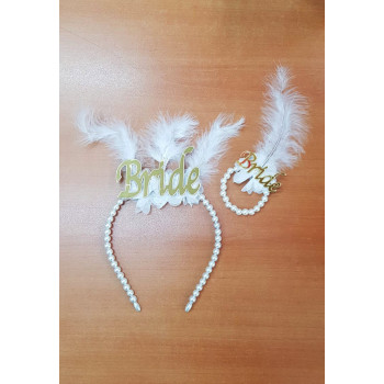 Bride Gold Tüylü Gelinlik Taç ve Bride İncili Bileklik