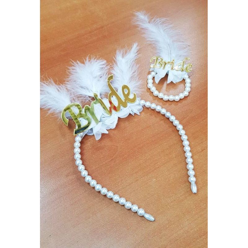 Bride Gold Tüylü Gelinlik Taç ve Bride İncili Bileklik