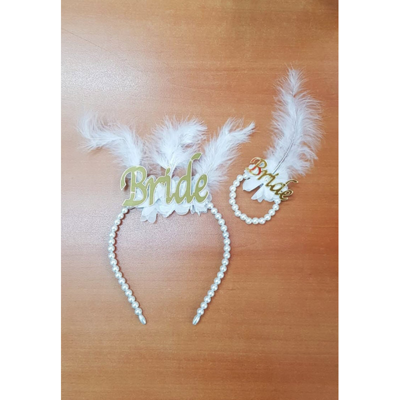 Bride Gold Tüylü Gelinlik Taç ve Bride İncili Bileklik