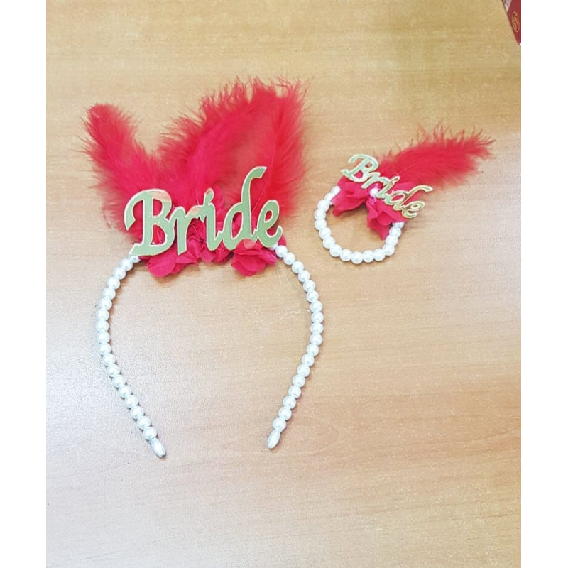 Bride Kırımızı Tüylü Gold Kına Tacı ve İncili Bride Bileklik