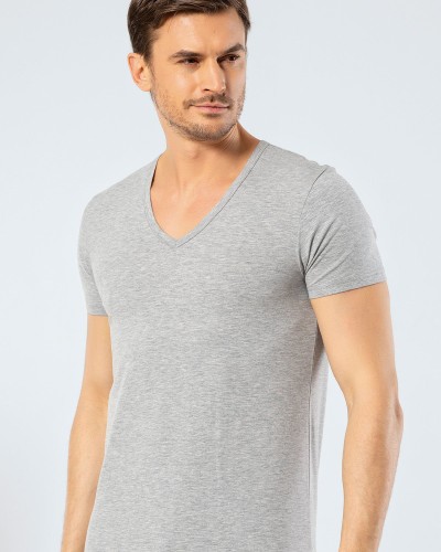 Cacharel Erkek Derin V Yaka Likrali T-shirt 1306/Gri