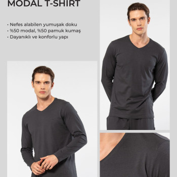 Cacharel Erkek Modal Pamuk V Yaka T-shirt 2243/Antrasit