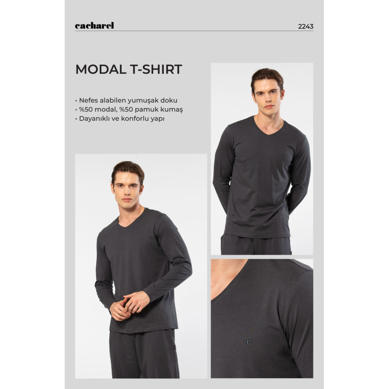 Cacharel Erkek Modal Pamuk V Yaka T-shirt 2243/Antrasit