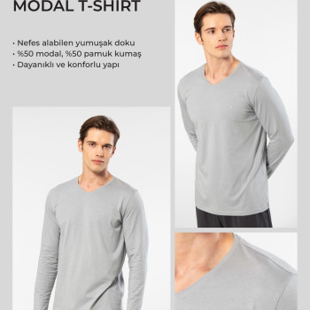 Cacharel Erkek Modal Pamuk V Yaka T-shirt 2243/Gri