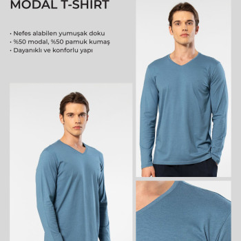 Cacharel Erkek Modal Pamuk V Yaka T-shirt 2243/İndigo