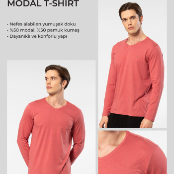 Cacharel Erkek Modal Pamuk V Yaka T-shirt 2243/Mercan
