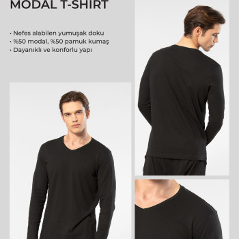 Cacharel Erkek Modal Pamuk V Yaka T-shirt 2243/Siyah