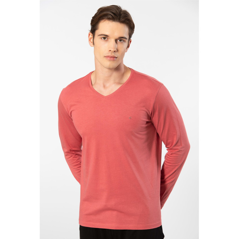 Cacharel Erkek V Yaka Uzun Kollu Modal Pijama Takimi 2237/Mercan