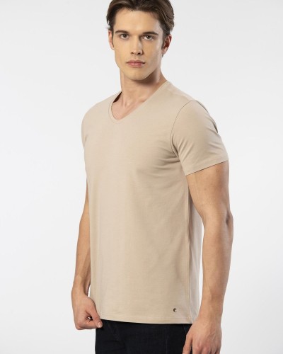 Cacharel Erkek V Yaka Likralı T-shirt 1332/bej