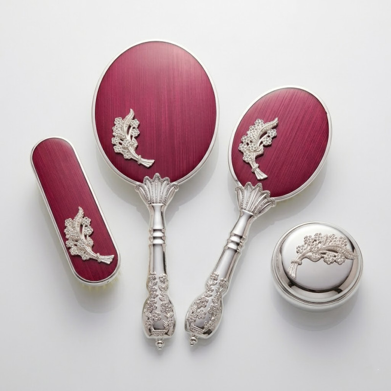 Camomile Mürdüm Gümüş Ayna Fırça Seti 4'lü - Lüks Taşlı Silver Gelin Bohçası Takımı