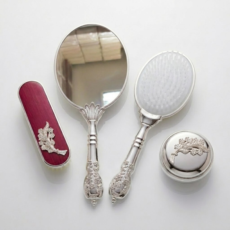 Camomile Mürdüm Gümüş Ayna Fırça Seti 4'lü - Lüks Taşlı Silver Gelin Bohçası Takımı