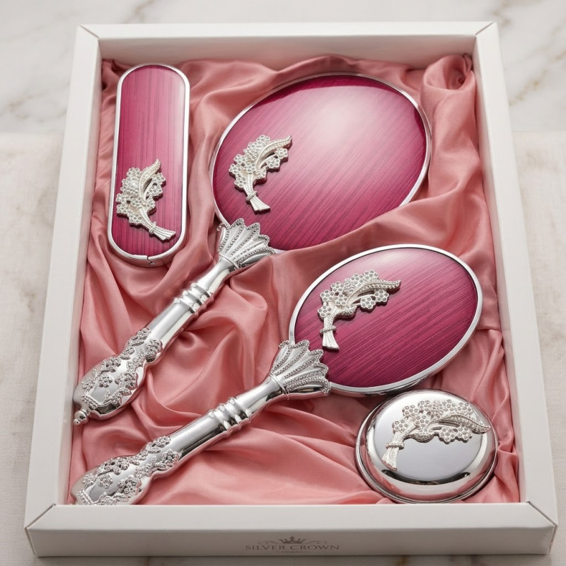 Camomile Mürdüm Gümüş Ayna Fırça Seti 4'lü - Lüks Taşlı Silver Gelin Bohçası Takımı