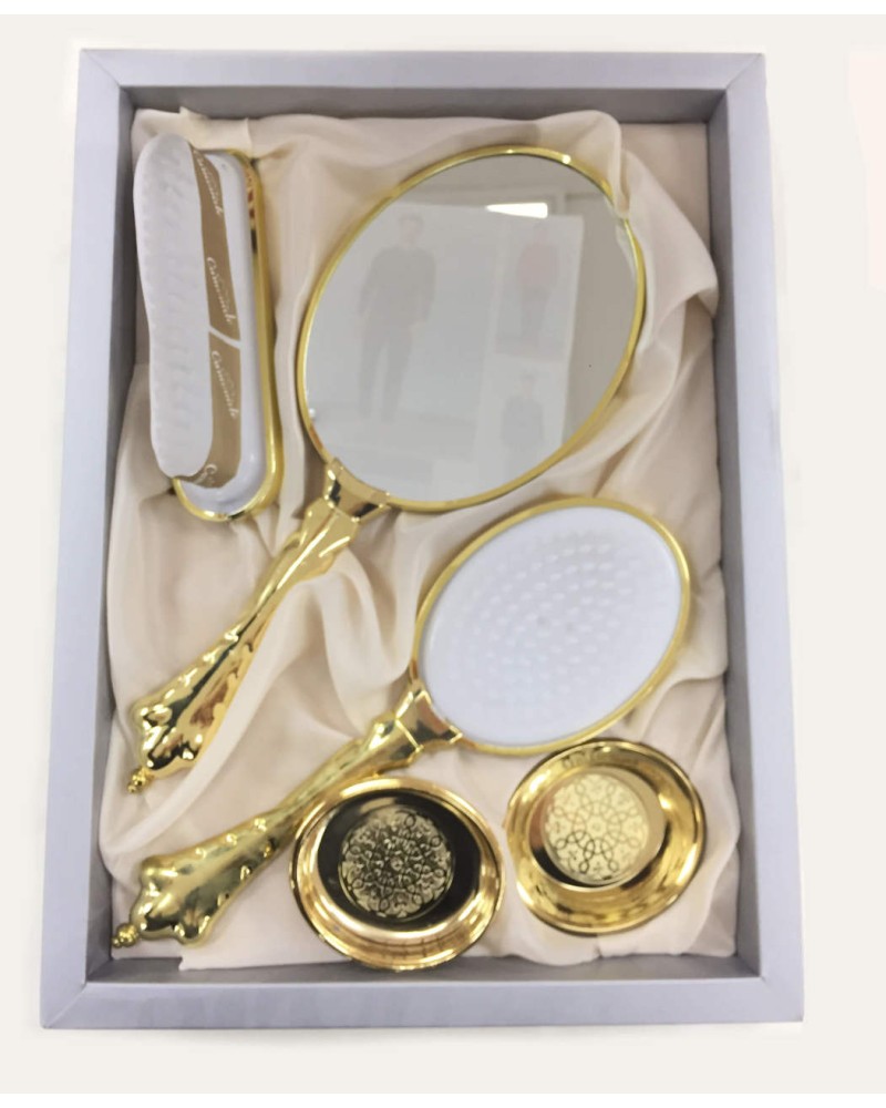 Saraylı Gold Fiyonk Broşlu 4 Parça Gelin Ayna Tarak Seti
