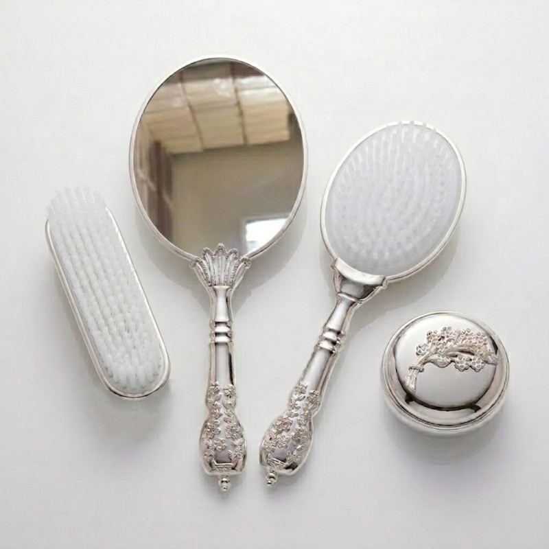 Camomile Taşlı Kurdele Silver Ayna Fırça Seti 