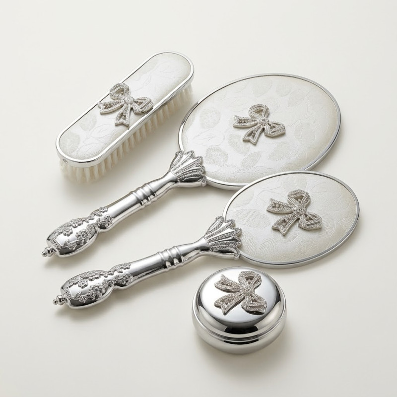 Camomile Taşlı Kurdele Silver Ayna Fırça Seti 