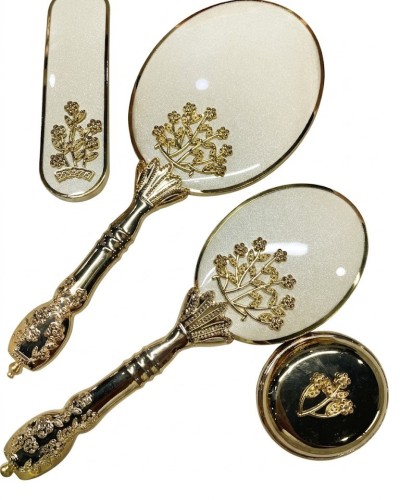 Bahar Dalı Modeli Beyaz Gold Ayna Fırça Tarak Seti 