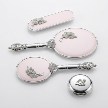 Camomile Pudra Pembe Silver Ayna Fırça Seti 4'lü - Lüks Taşlı Gümüş Gelin Bohçası Takımı