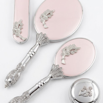 Camomile Pudra Pembe Silver Ayna Fırça Seti 4'lü - Lüks Taşlı Gümüş Gelin Bohçası Takımı