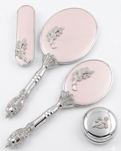 Camomile Pudra Pembe Silver Ayna Fırça Seti 4'lü - Lüks Taşlı Gümüş Gelin Bohçası Takımı