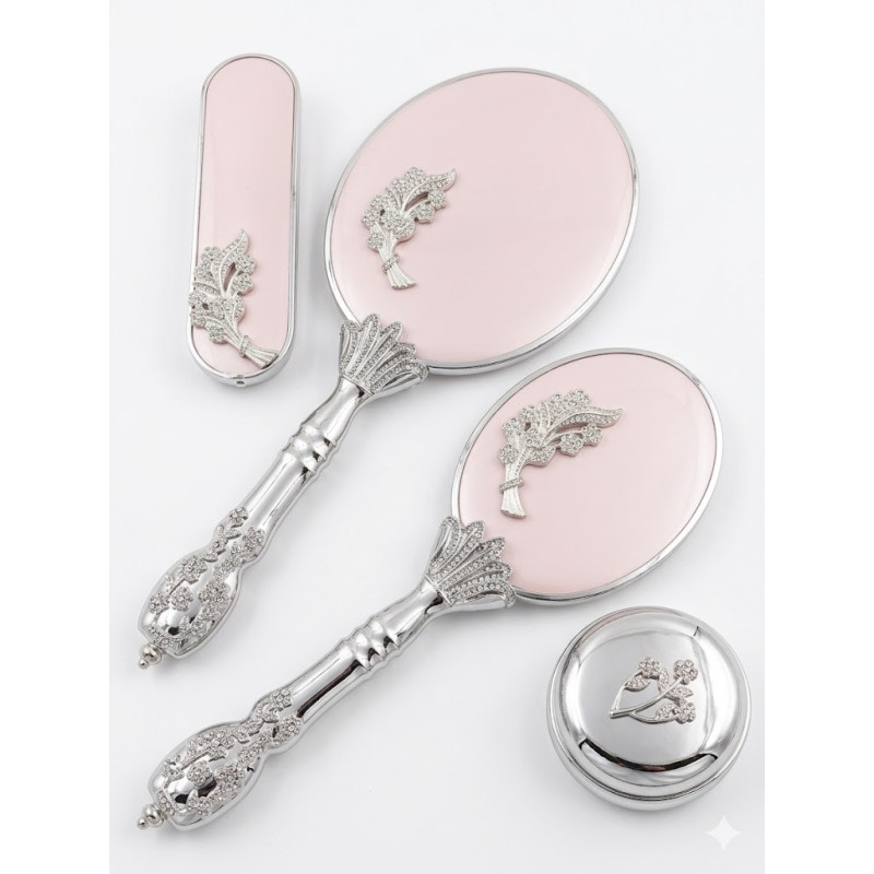 Camomile Pudra Pembe Silver Ayna Fırça Seti 4'lü - Lüks Taşlı Gümüş Gelin Bohçası Takımı