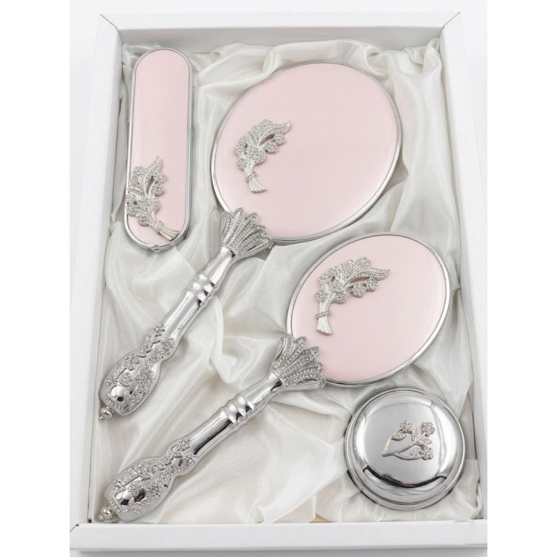 Camomile Pudra Pembe Silver Ayna Fırça Seti 4'lü - Lüks Taşlı Gümüş Gelin Bohçası Takımı