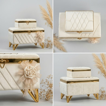 Krem Kadife V Modeli Nişan Sandığı Seti 2'li - Gold Metal Ayaklı Lüks Çeyiz Sandığı